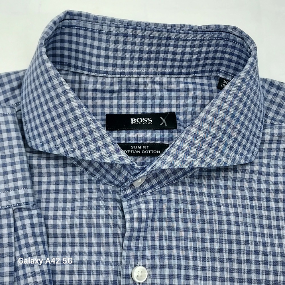 BOSS Hugo Boss Blue Gingham‎ Check Slim Fit Egyptian Cotton Dress Shirt